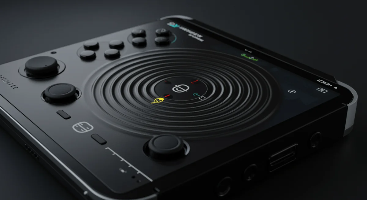 Close-up of gaming handheld screen showing haptic feedback patterns during gameplay