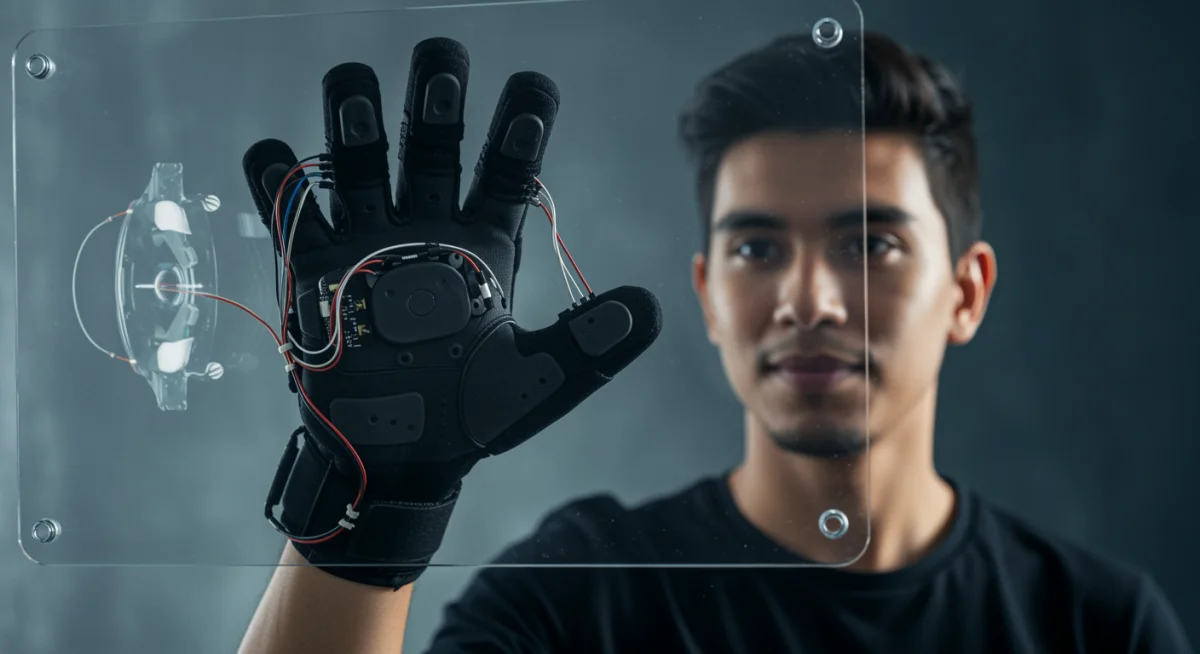 User experiencing tactile feedback with an advanced haptic glove in a virtual environment