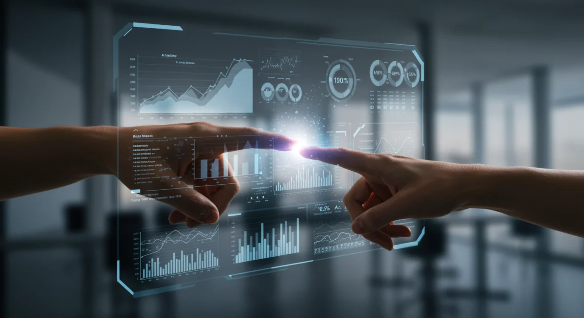 Hands interacting with a holographic data visualization display
