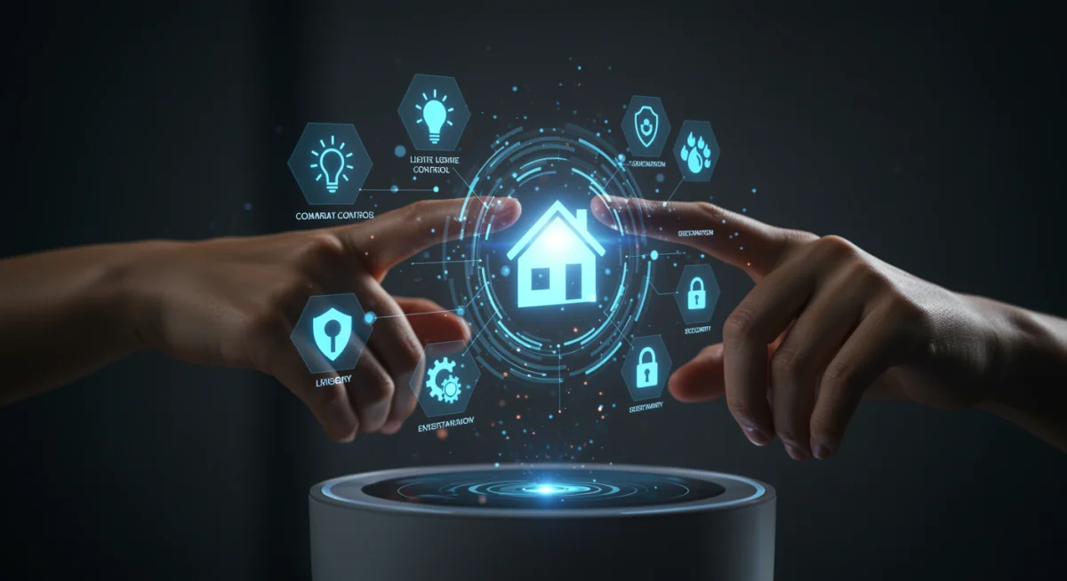 Hand interacting with holographic smart home hub interface