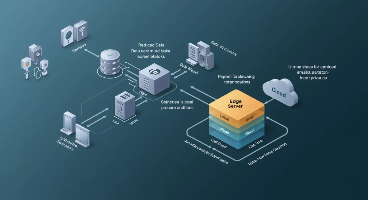 Network diagram illustrating data flow from IoT to edge server and cloud, optimizing latency