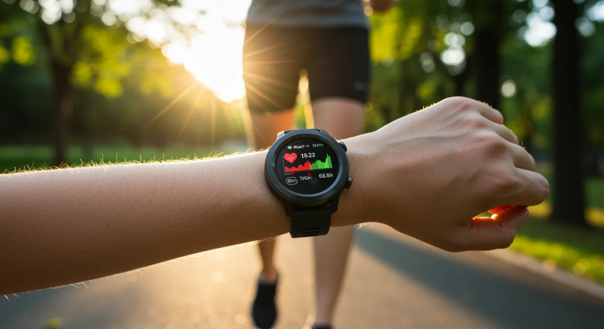 Person jogging with smartwatch displaying real-time heart rate and GPS
