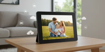 Modern digital photo frame with cloud integration displaying a family photo