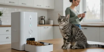 Modern smart pet feeder dispensing food for a cat in a kitchen, symbolizing convenience for busy owners.
