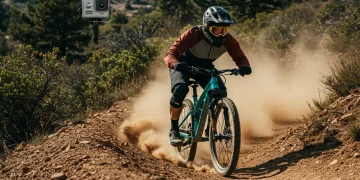 Mountain biker with action camera on helmet capturing adventure