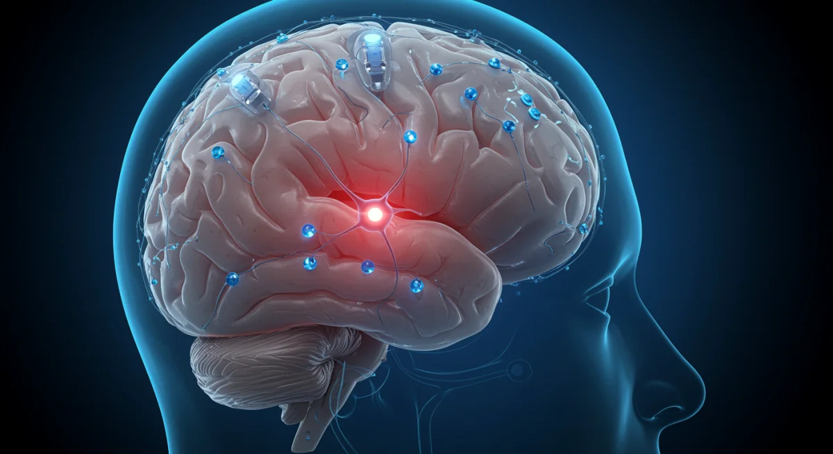 Detailed neural implant illustration interacting with brain neurons for direct communication.