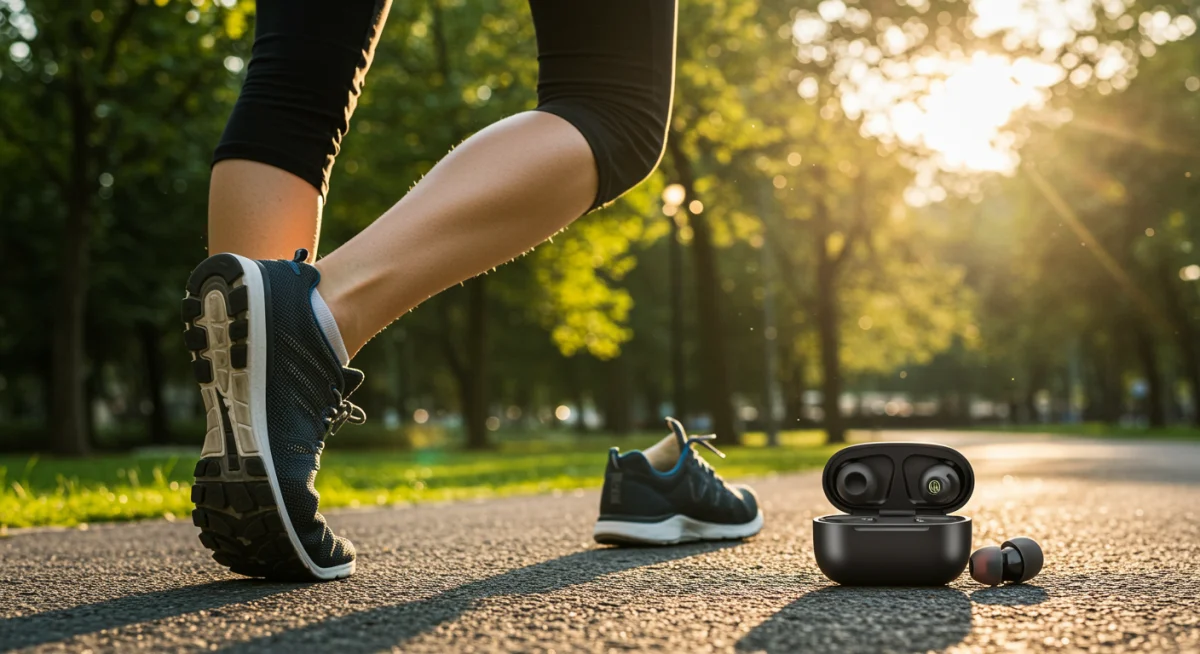 Person jogging with secure wireless earbuds in a sunny park, highlighting active use.