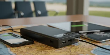 Modern portable power bank charging devices on a US travel map