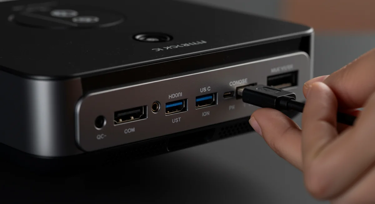 Portable projector connectivity ports including HDMI, USB-C, and headphone jack