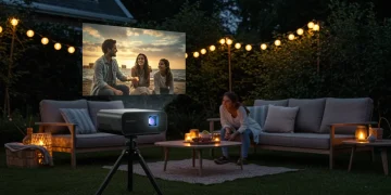 Modern portable projector displaying a movie outdoors in a backyard setting