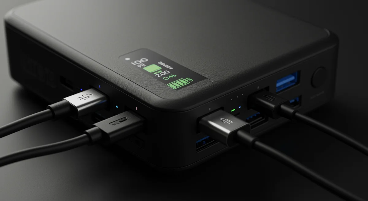 Close-up of a portable power bank display with charging cables