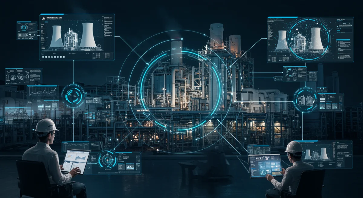 Engineers analyzing real-time data from a digital twin of a power plant.