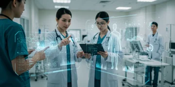 Doctors using predictive AI for healthcare diagnostics in a modern US hospital.