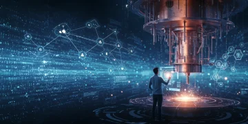 Quantum computing influencing software development with futuristic interfaces and complex data structures.