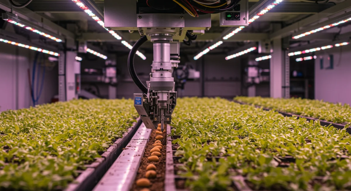 Robotic arm precisely planting seeds in an indoor farm