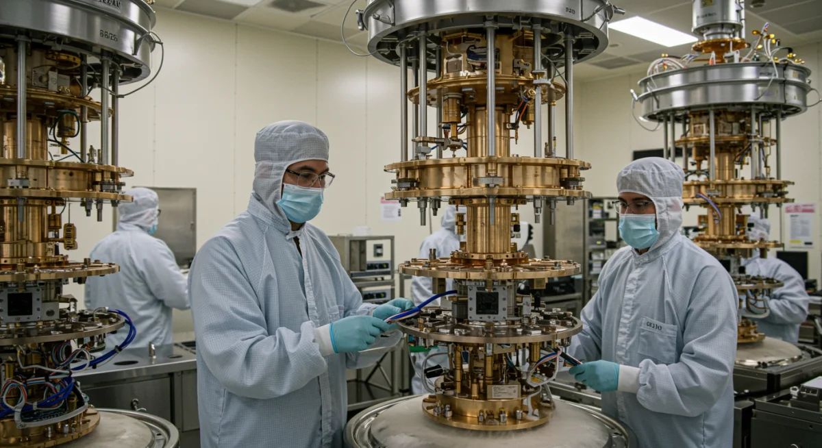 Scientists working on a quantum processor in a cleanroom