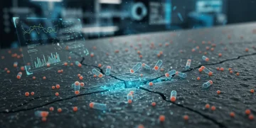 Microscopic view of self-healing composite material repairing a crack with embedded capsules