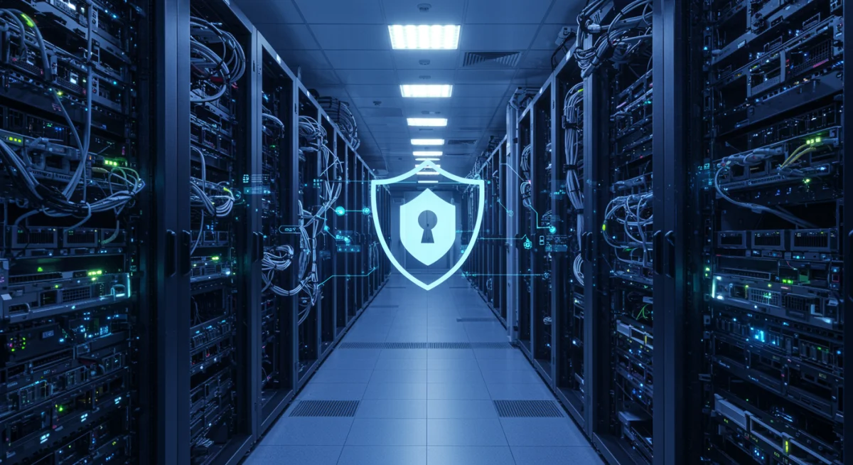 Server room with digital shield overlay for network security and data protection