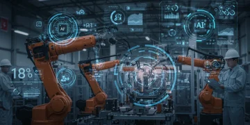 Futuristic smart factory with AI robots and human workers, showcasing 18% production cost reduction.