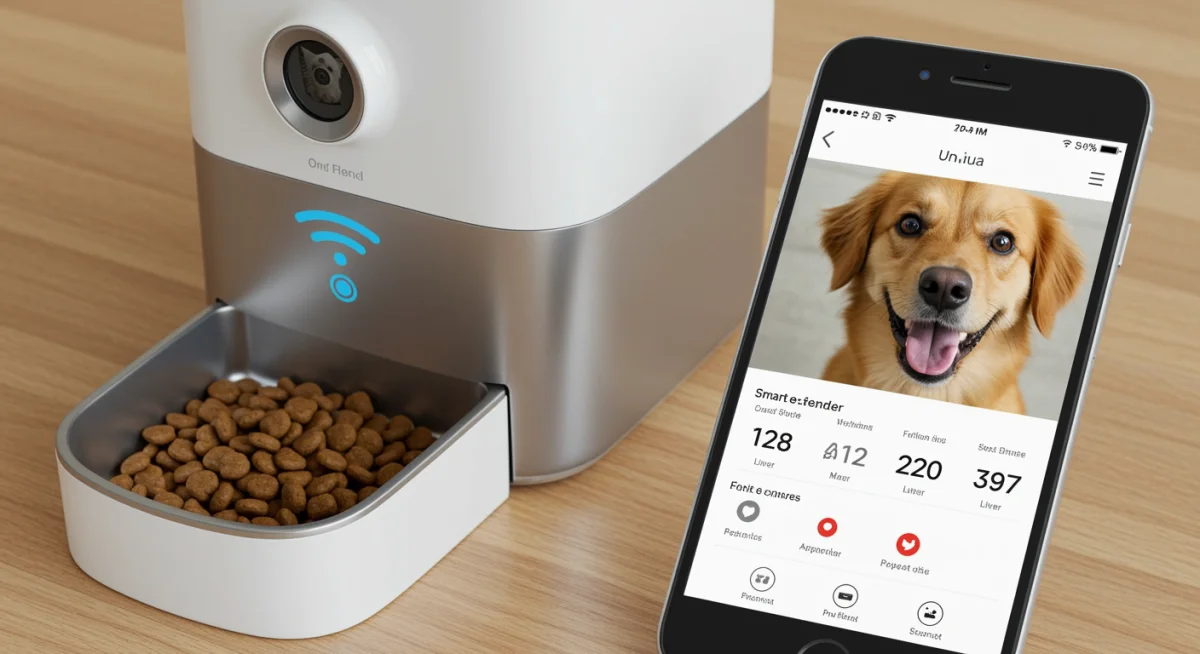 Smartphone app controlling a smart pet feeder, displaying schedules and live pet camera feed.