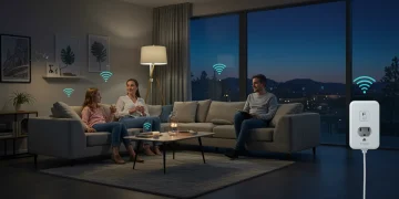 Family enjoying a smart home, smart plug controlling lamp