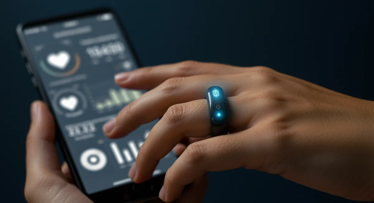 Person wearing a smart ring, with smartphone displaying health metrics