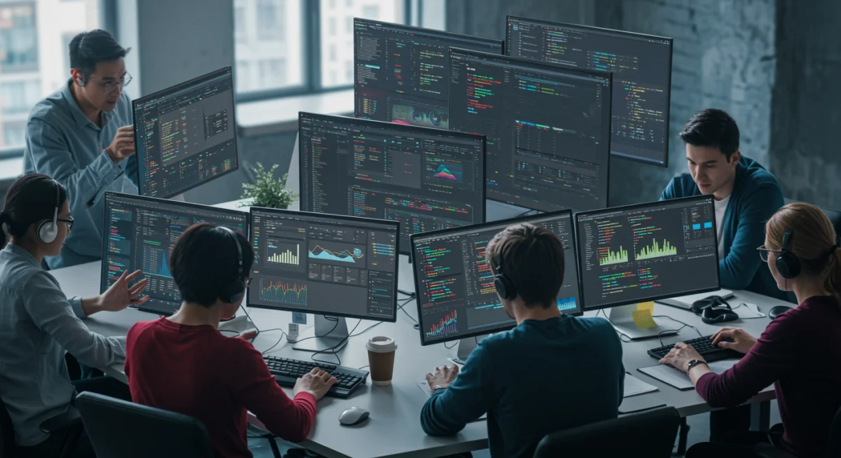 Software development team collaborating on a complex digital project