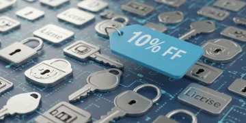 Software Licensing 2025: Save 10% on Annual Costs Illustration of software keys and a '10% OFF' tag, symbolizing cost savings in 2025 software licensing.