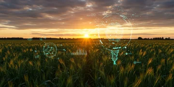 Futuristic farm field with glowing genetic data, symbolizing synthetic biology's impact on agriculture.