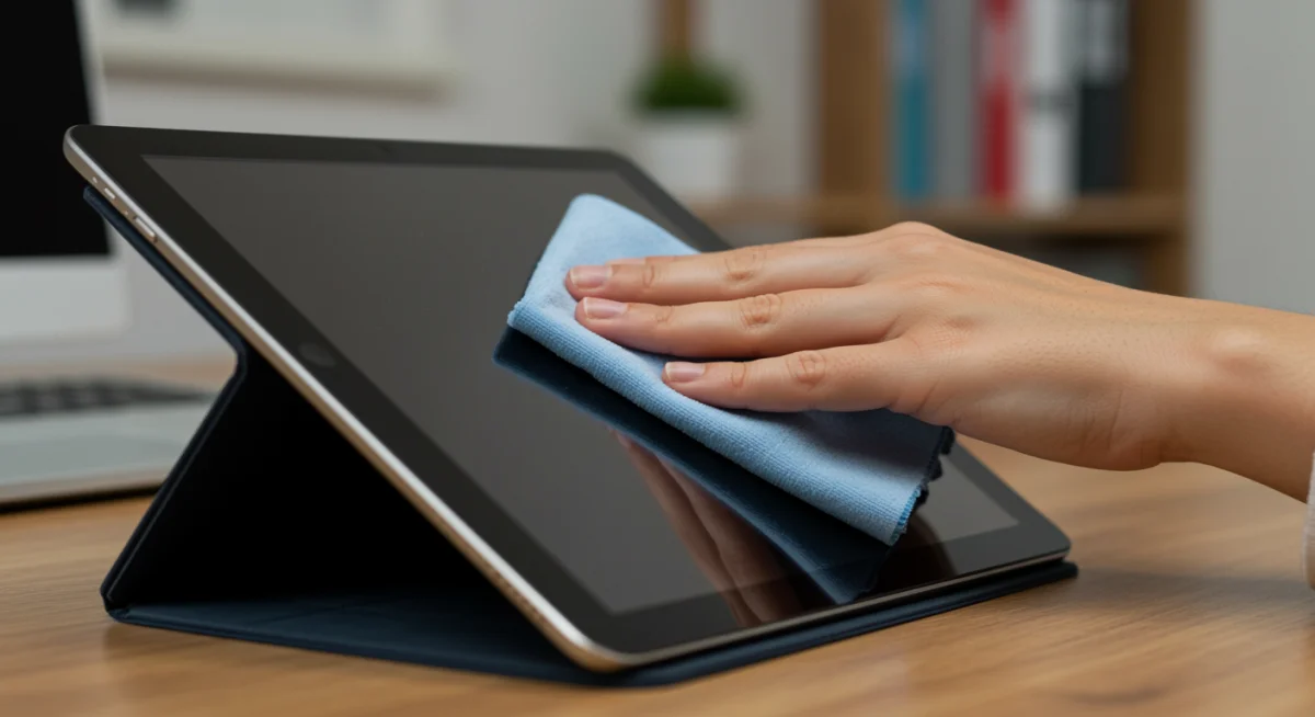 Person cleaning tablet screen with microfiber cloth, emphasizing physical maintenance.