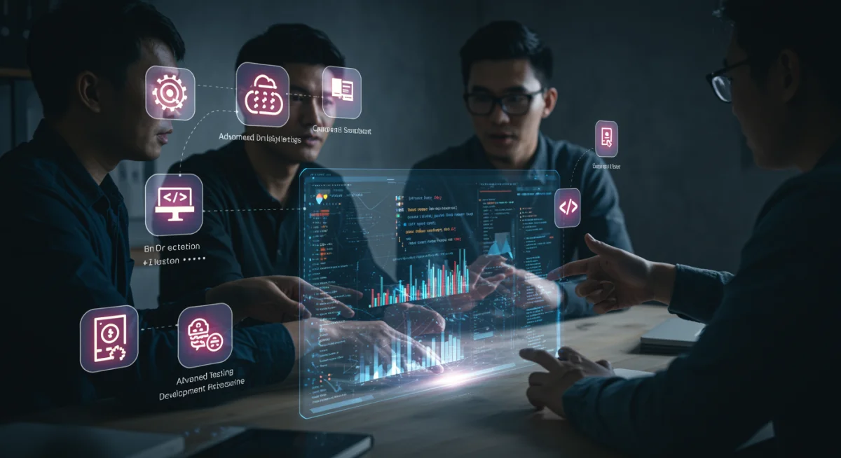 Collaborative software development team utilizing advanced testing tools for code analysis.
