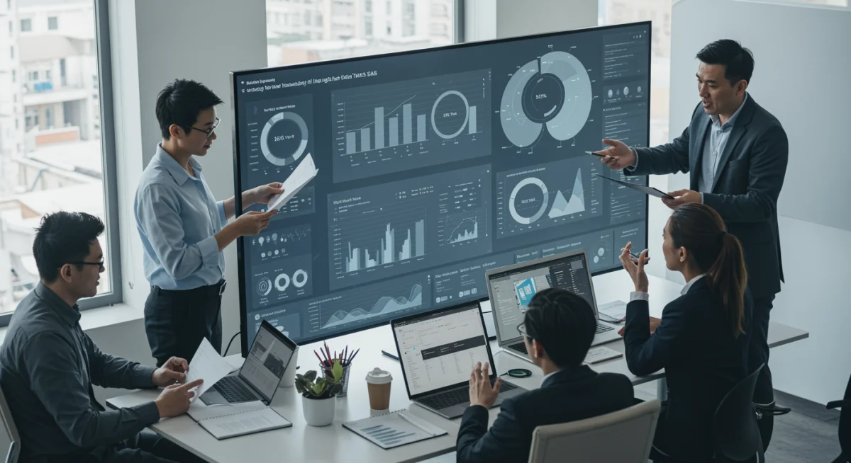 Team collaborating on integrated business dashboards