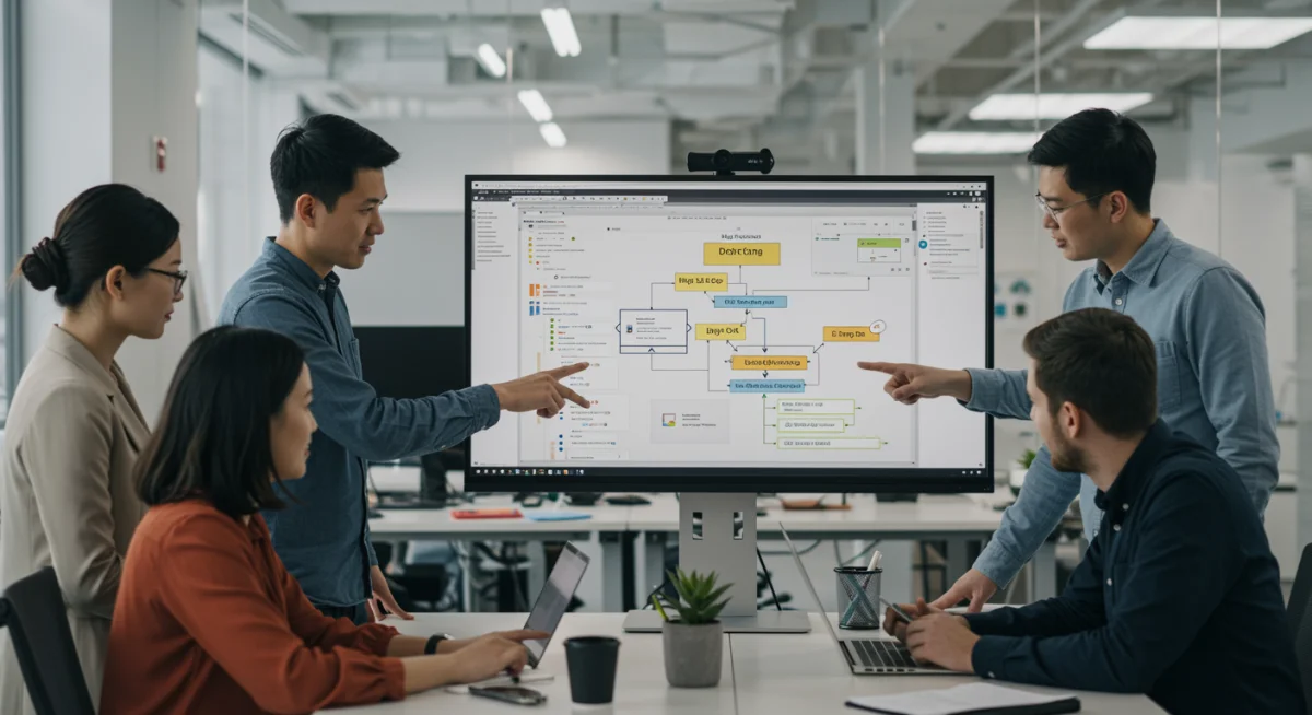 Diverse team collaborating on a low-code platform, fostering innovation.