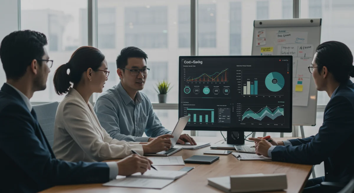Team analyzing software license usage and cost optimization metrics on a digital dashboard.