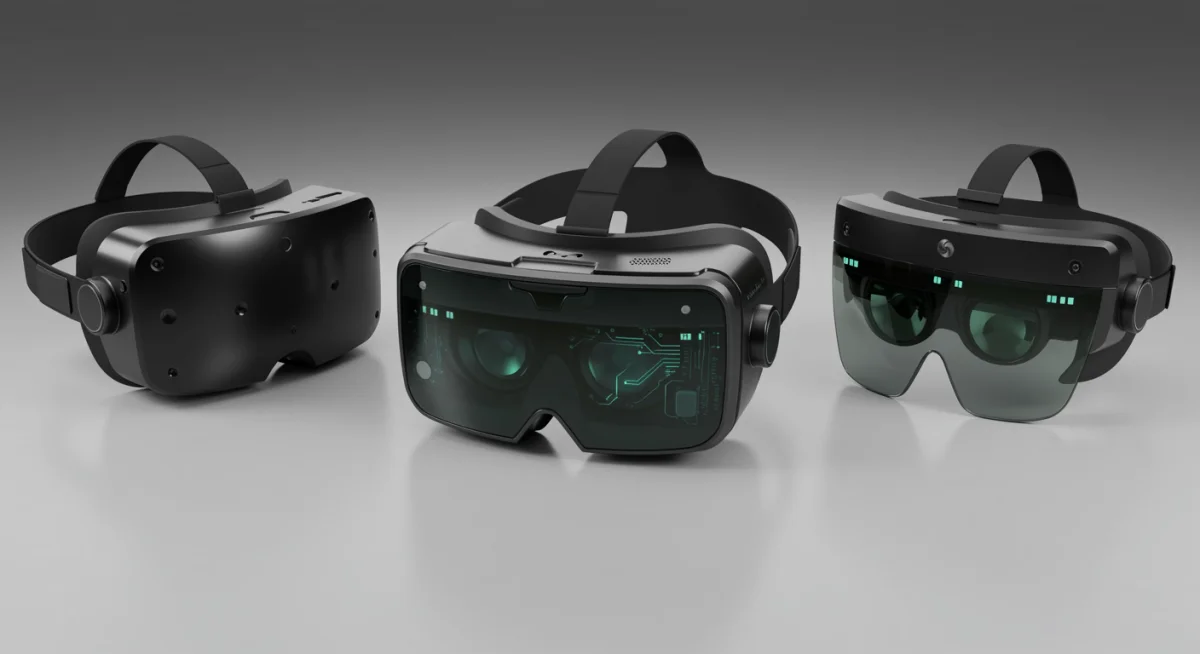 Three distinct augmented reality headsets side by side, showcasing varied designs and advanced engineering, reflecting recent innovations.