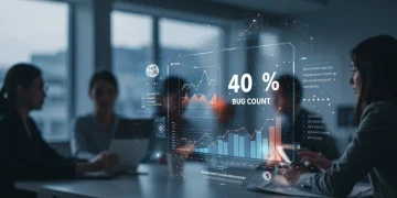 Digital dashboard showing a 40% bug reduction metric and positive trends in software quality assurance.