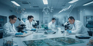 Scientists analyzing advanced materials for lighter devices in a high-tech lab