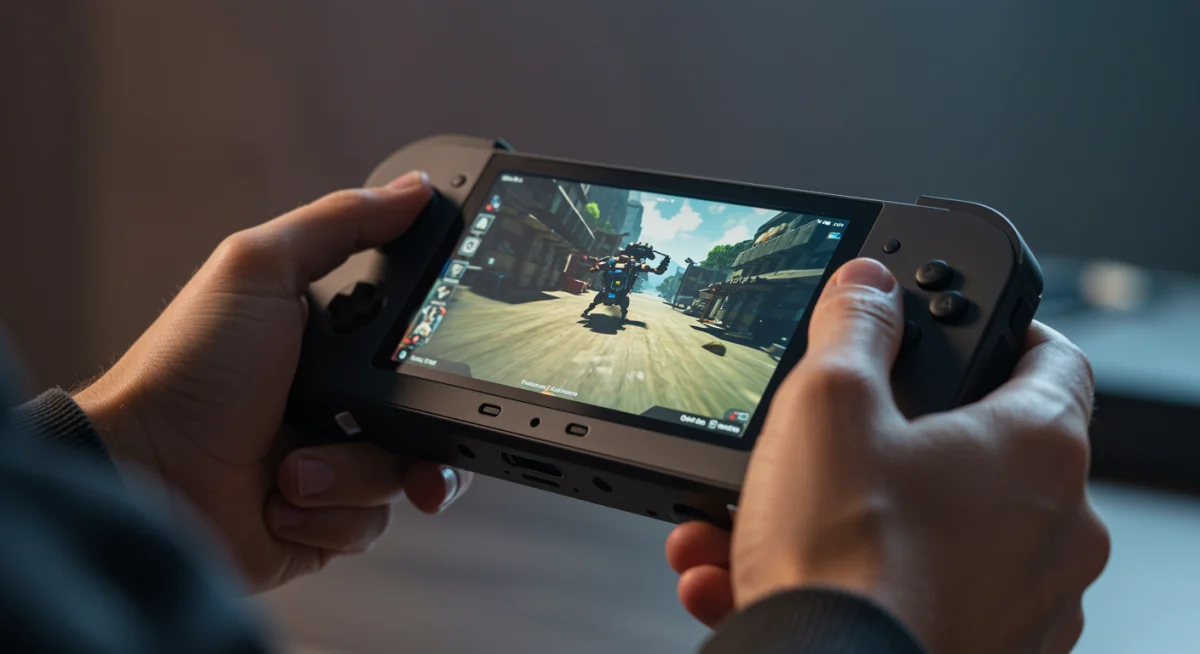 Gamer holding advanced portable gaming device with vibrant display