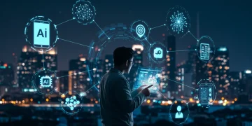 Futuristic digital marketer interacting with AI content creation tools