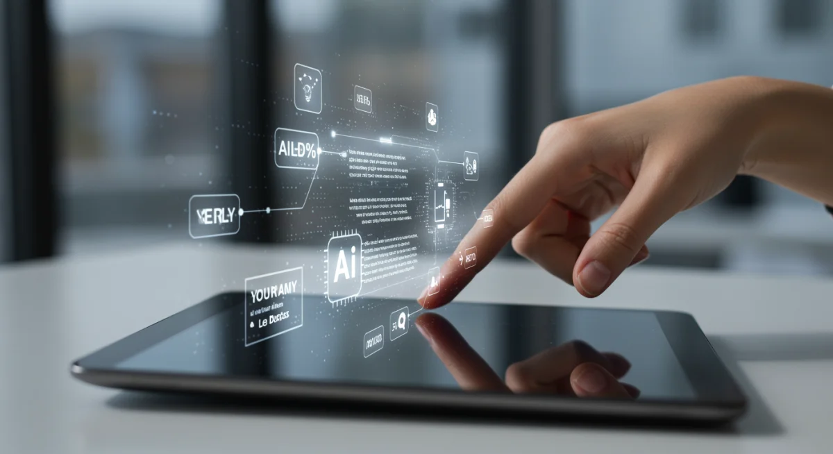Human hand editing AI-generated content on a tablet interface