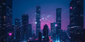 Futuristic cityscape with AI neural networks and regulatory symbols