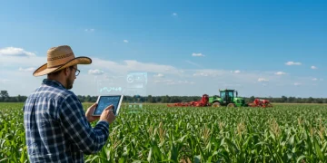 Farmer using AI tablet in cornfield with autonomous tractor