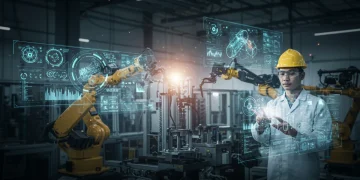 AI-driven manufacturing robots and engineers collaborating on product design in a futuristic factory setting.