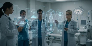 Doctors using AI for patient diagnostics and treatment planning in a modern U.S. hospital