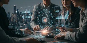 Futuristic project team using AI software for project management in 2026