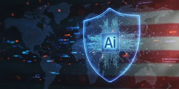 Futuristic digital shield representing AI regulation and compliance in the U.S. market by 2026.