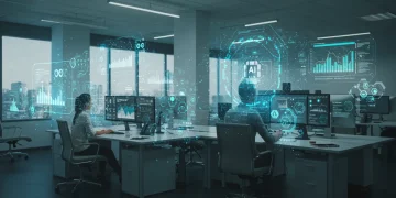 AI-powered software interfaces optimizing business operations in a modern US office