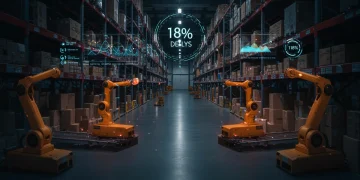 AI for Supply Chains: 18% Delay Reduction by 2026 in the U.S. AI-powered robots optimizing logistics in a modern warehouse, reducing supply chain delays