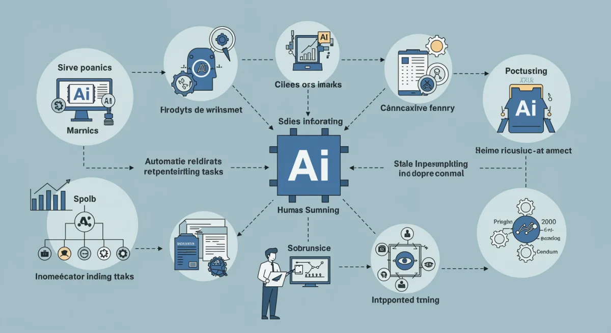 Infographic illustrating AI integration into corporate workflows for task automation and efficiency gains.