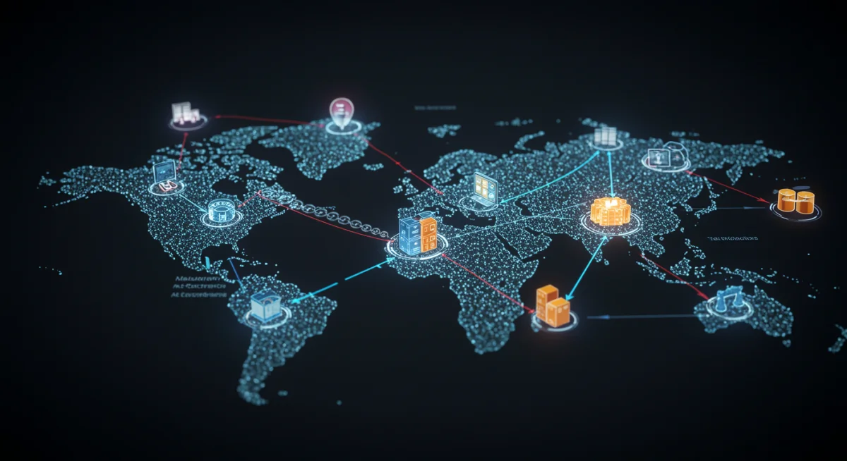 Interconnected supply chain nodes secured by a blockchain ledger, illustrating data integrity and traceability.